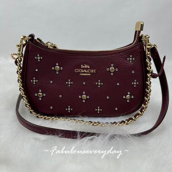 Coach Teri Mini Crossbody Bag With Crystals In Leather/Gold/Dark Wine CCE43 NWT - Picture 2 of 8